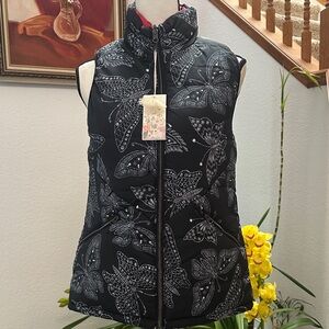 Women's Johnny Was Black Butterfly Print Puffer Vest